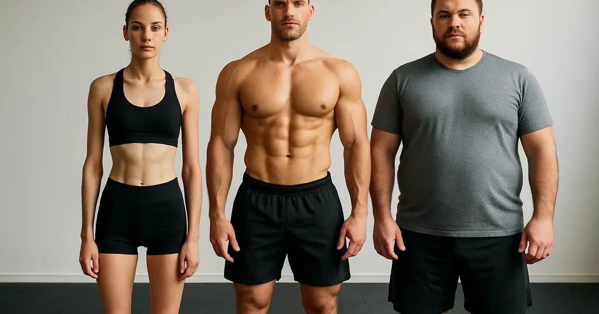 Three people representing the three main body types — ectomorph, mesomorph, and endomorph — standing in a gym