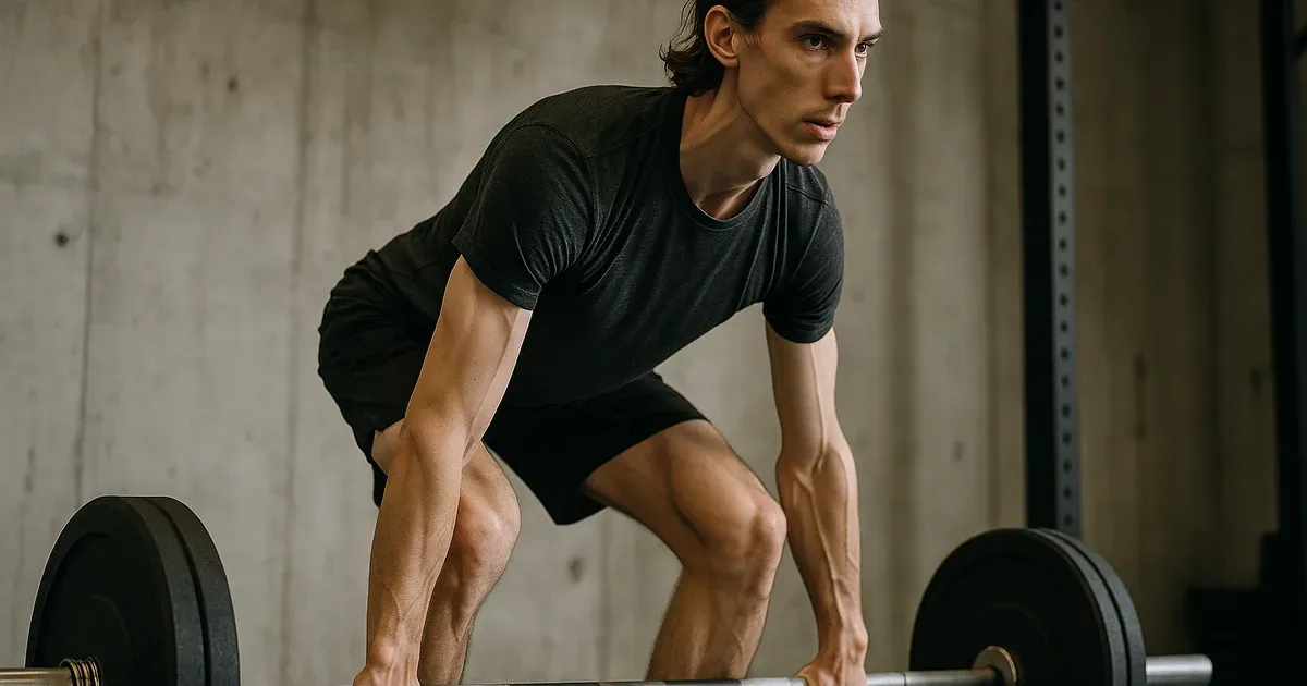 Lean ectomorph body type male performing a barbell deadlift in a gym setting