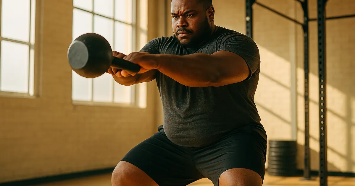 Endomorph body type individual performing a kettlebell swing in a gym, showcasing strength and power