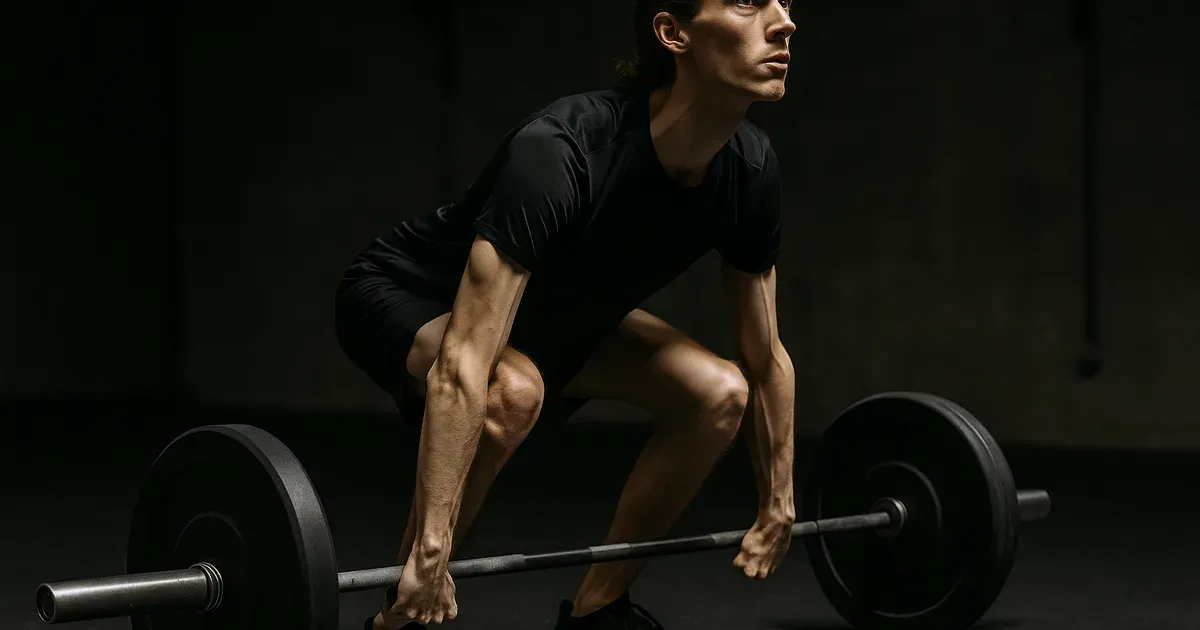 Lean ectomorph body type performing a barbell deadlift in a gym setting