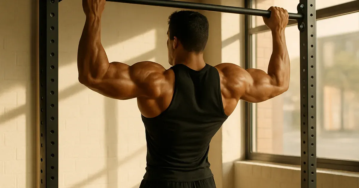 Mesomorph body type with wide shoulders and athletic build doing pull-ups in a gym