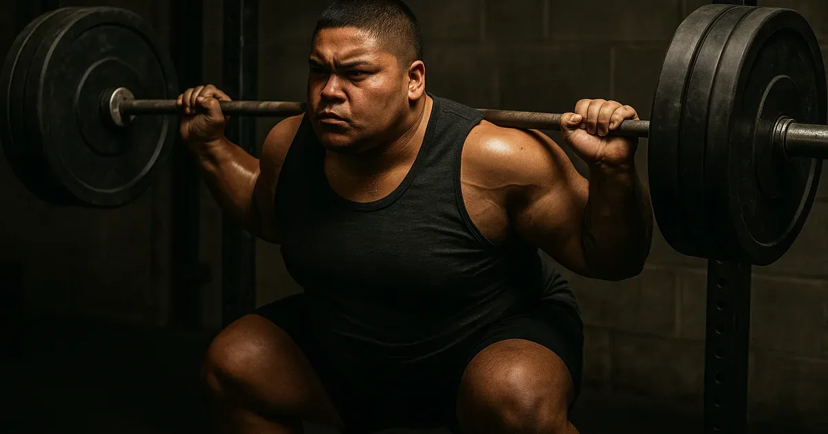 Endomorph body type performing a heavy barbell squat showing natural strength and power