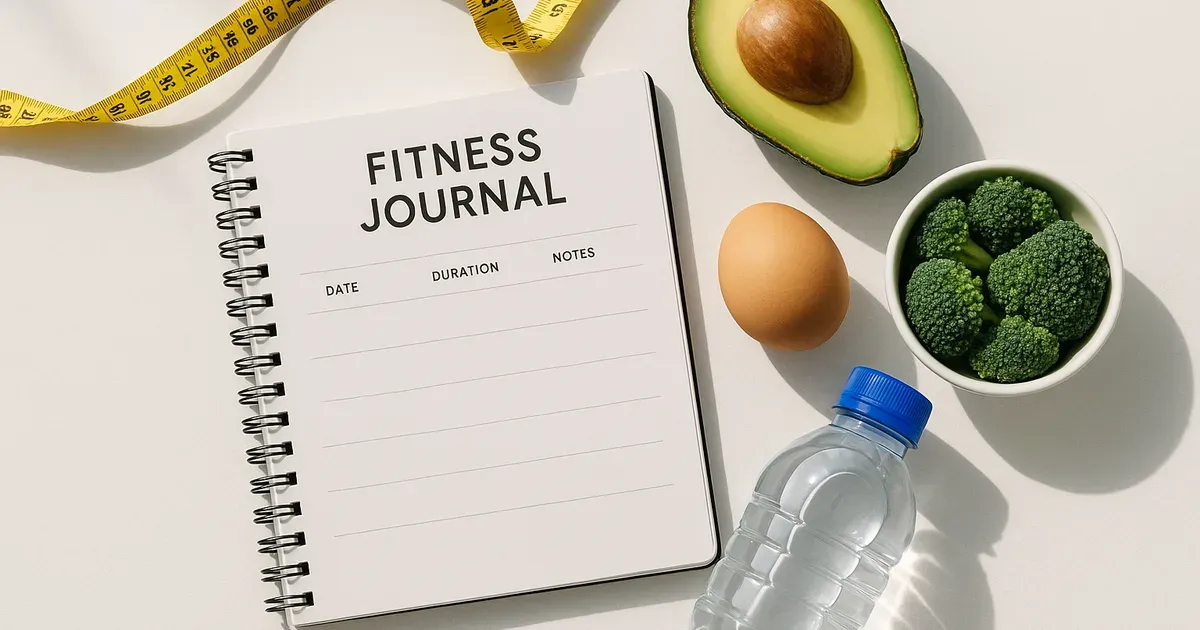 Fitness journal and healthy foods laid out representing nutrition planning for different body types