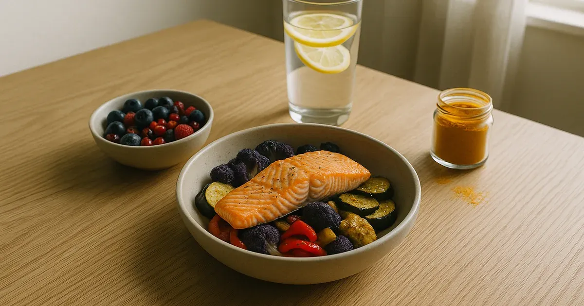 Colorful anti-inflammatory diet meal spread with salmon, berries, and roasted vegetables on a wooden table