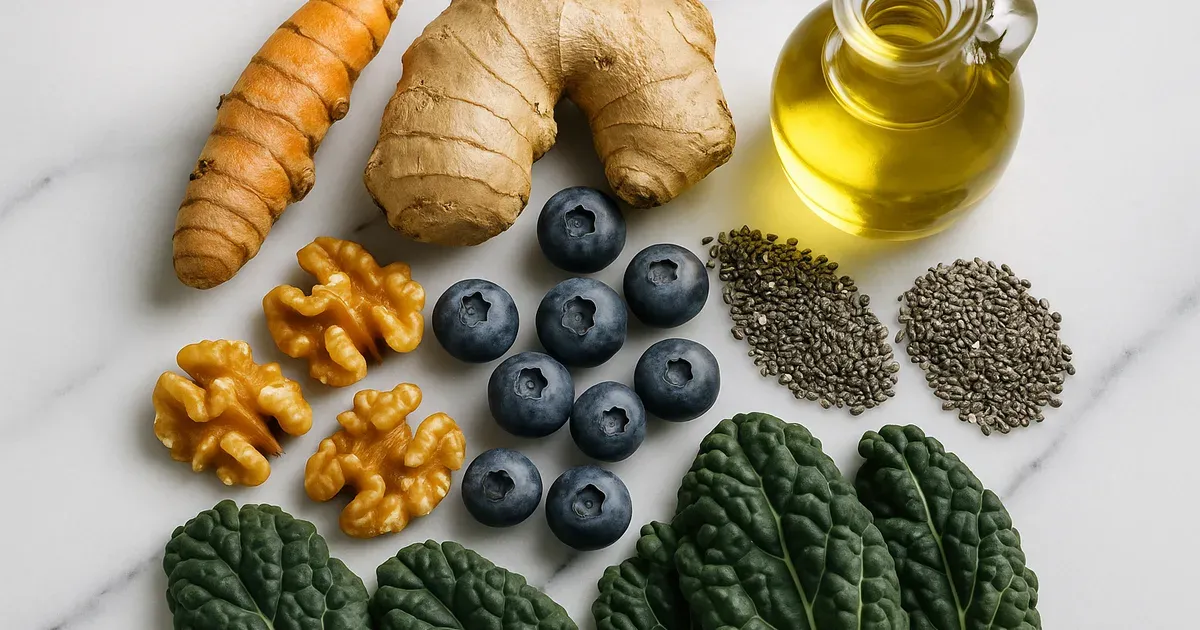 Anti-inflammatory diet ingredients including turmeric, ginger, blueberries, walnuts, and olive oil on marble