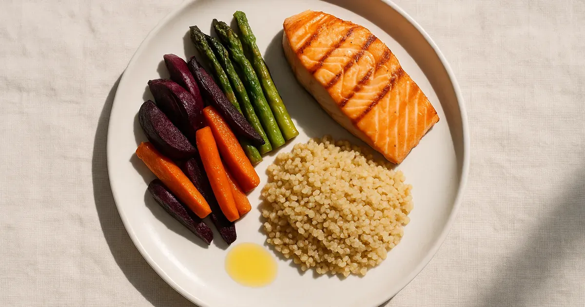Anti-inflammatory diet plate with half vegetables, quarter salmon protein, and quarter quinoa carbohydrate