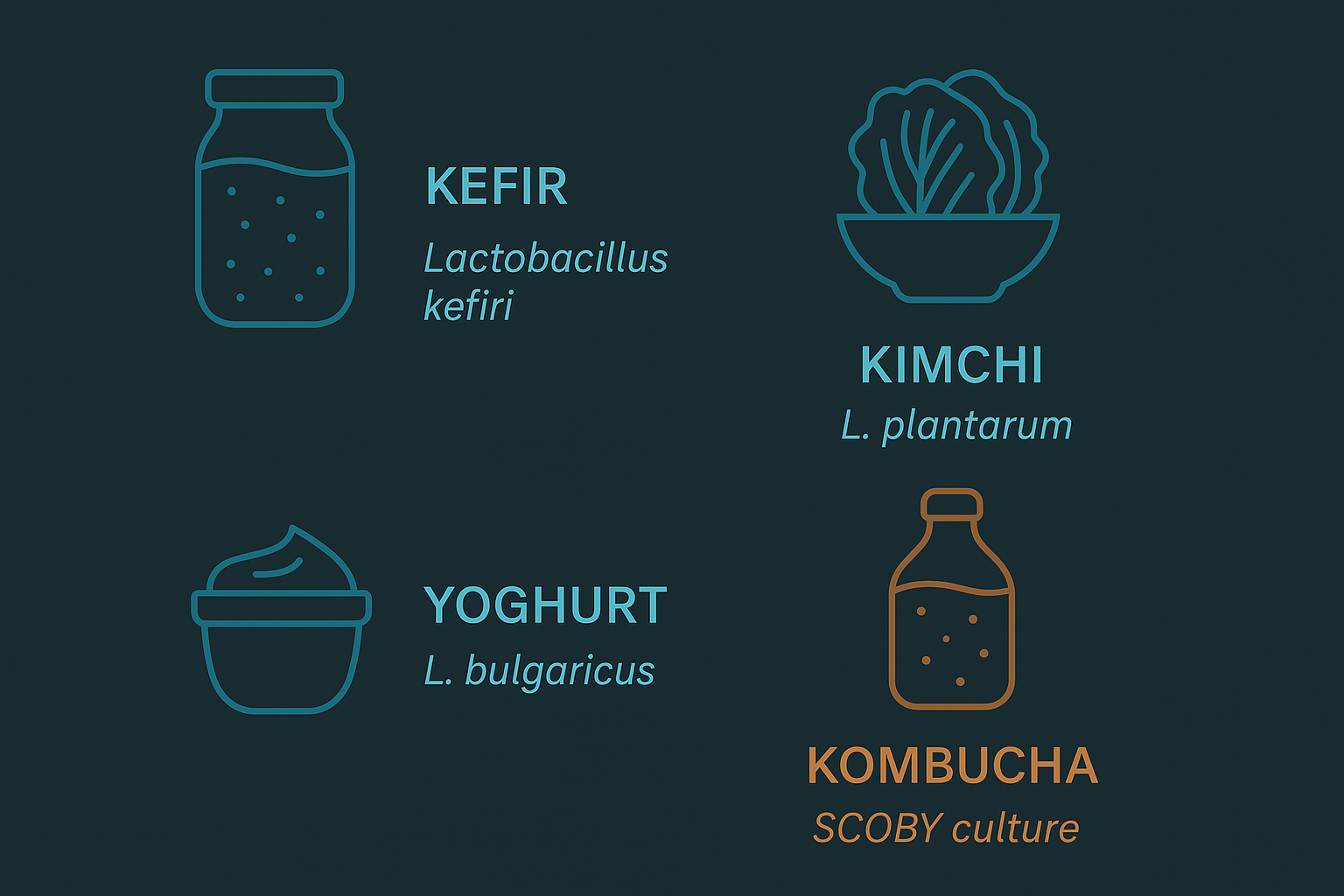 Infographic showing fermented foods and their primary beneficial bacterial strains