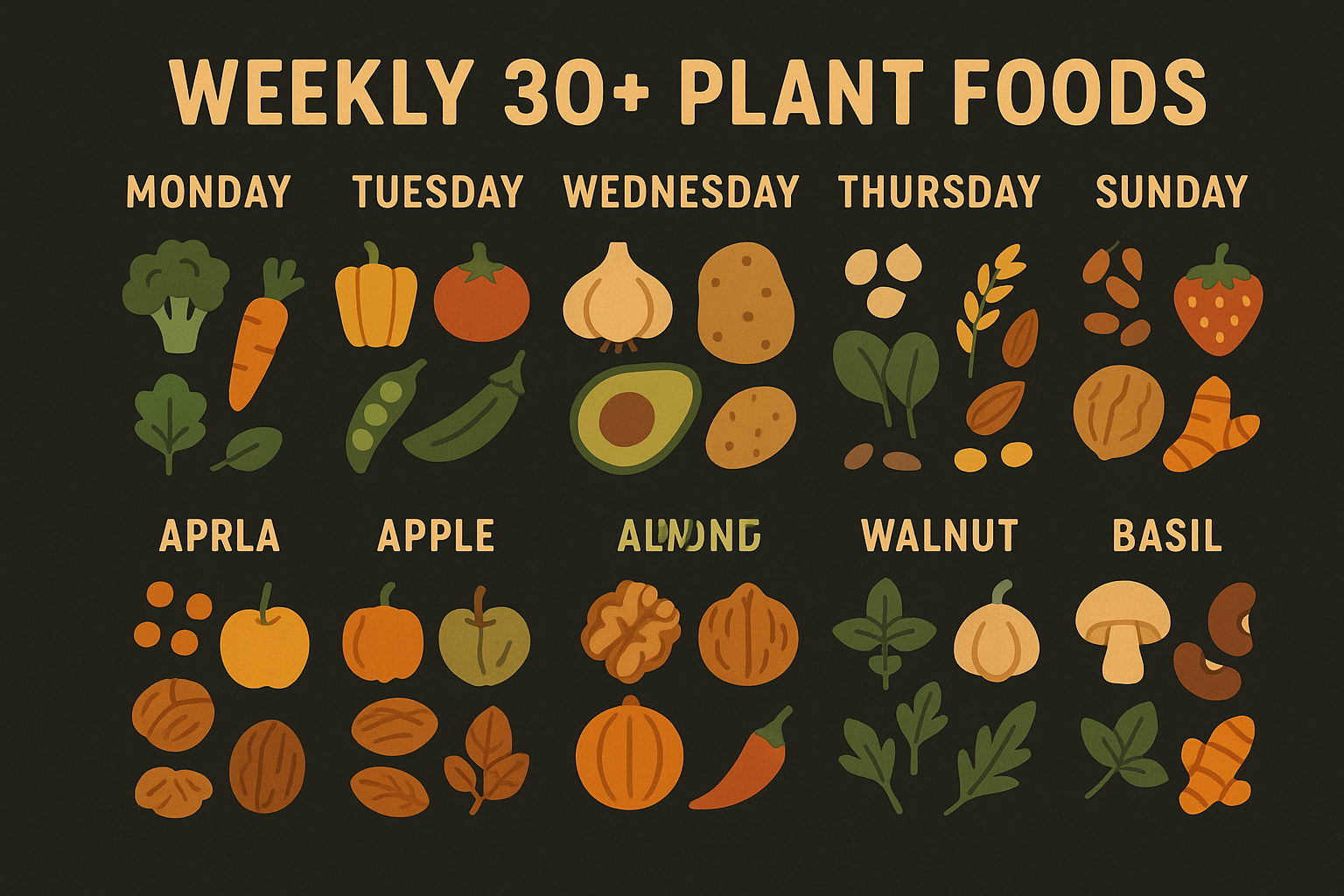 Visual guide to the 30 different plant foods per week framework for microbiome diversity