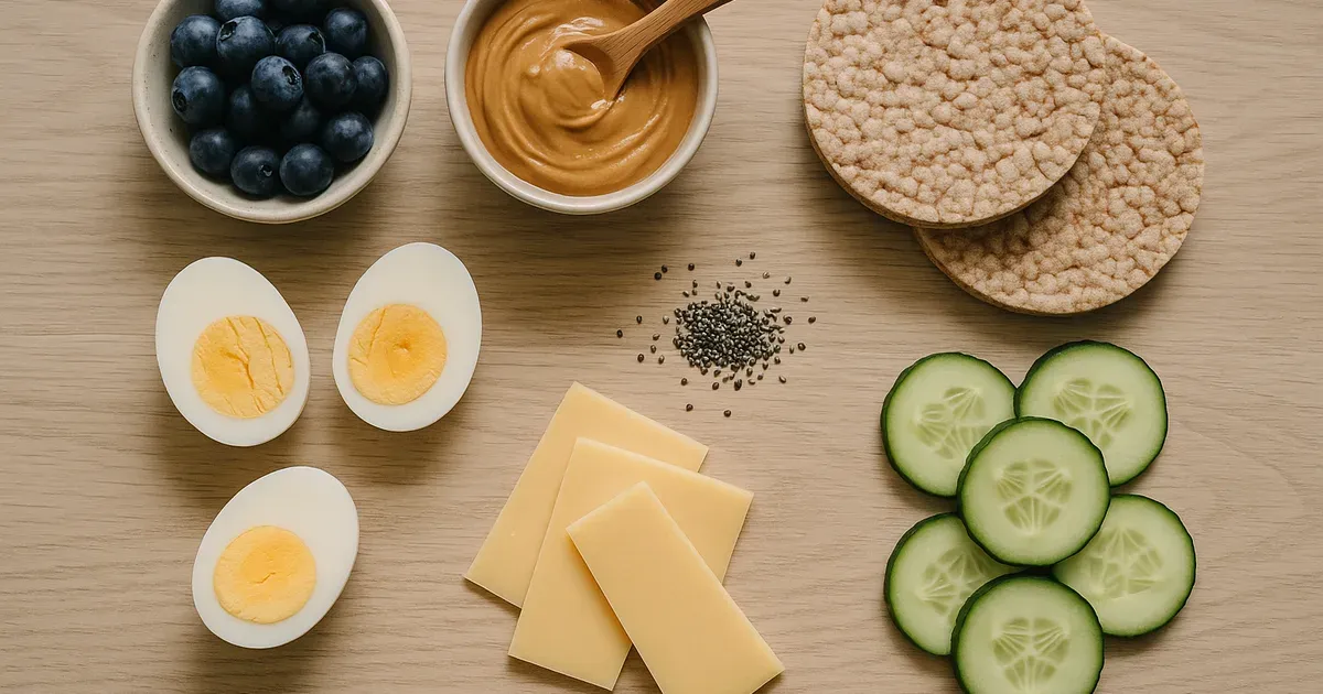 Flat lay of low FODMAP snacks including blueberries, peanut butter, rice cakes, eggs, and cheddar cheese on wood surface