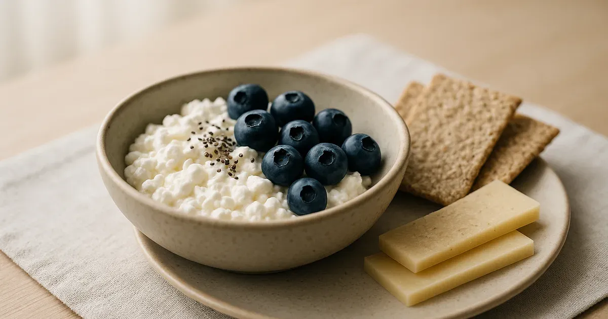 Low FODMAP snack plate with lactose-free cottage cheese, blueberries, chia seeds and gluten-free crackers