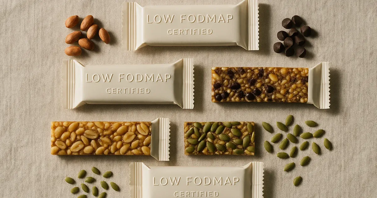 Selection of low FODMAP snack bars with peanuts, dark chocolate chips and pumpkin seeds on linen background