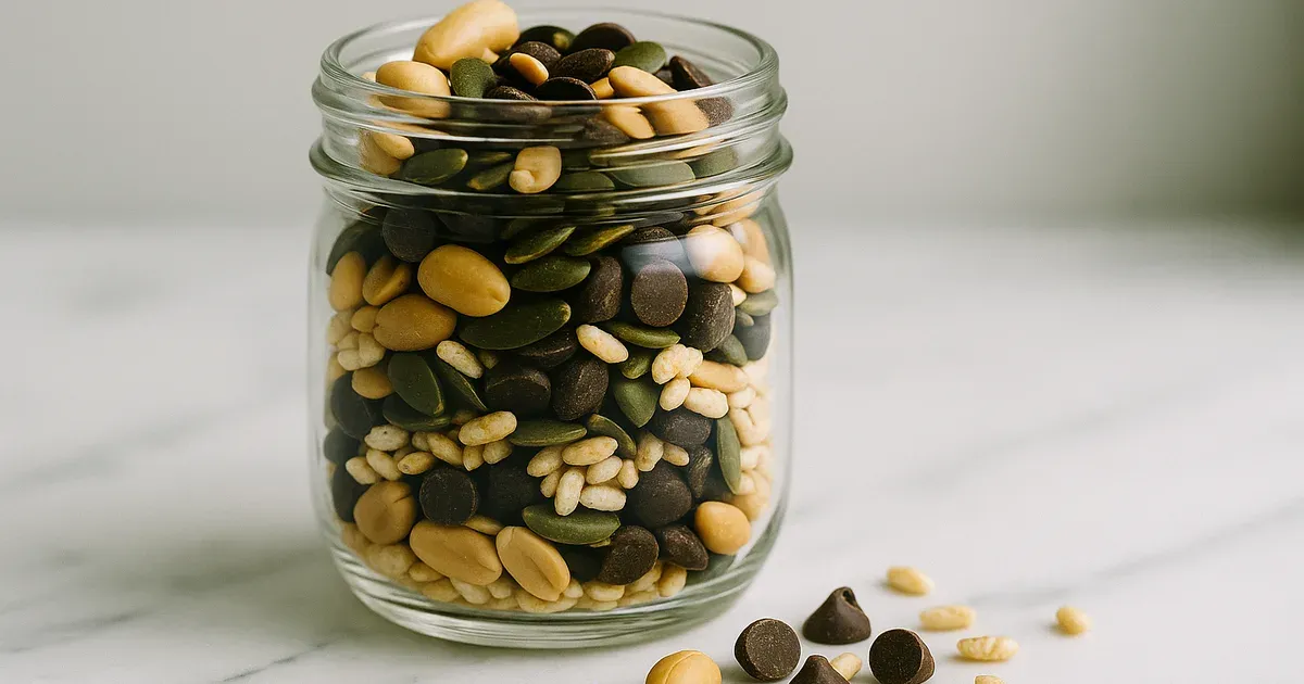 Homemade low FODMAP trail mix with peanuts, pumpkin seeds, dark chocolate chips and puffed rice in a glass jar