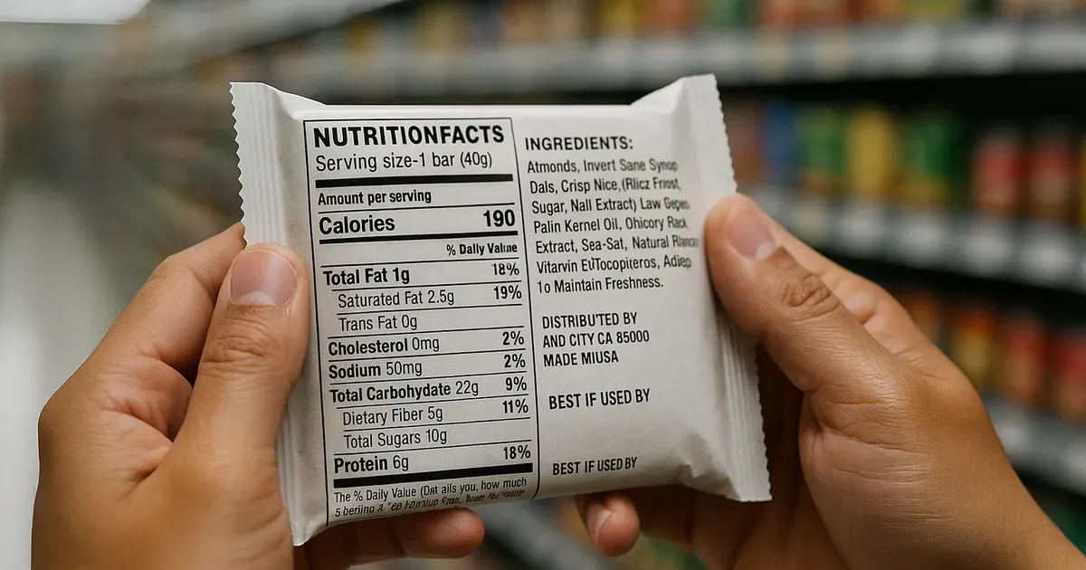 Person reading ingredient label on packaged snack bar to check for high FODMAP ingredients
