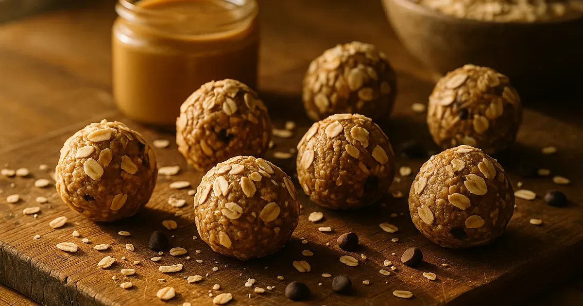 Homemade low FODMAP no-bake energy bites rolled in oats on a wooden board with peanut butter