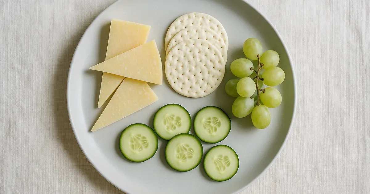 Low FODMAP snack plate with cheddar cheese, rice crackers, cucumber and grapes on grey ceramic plate