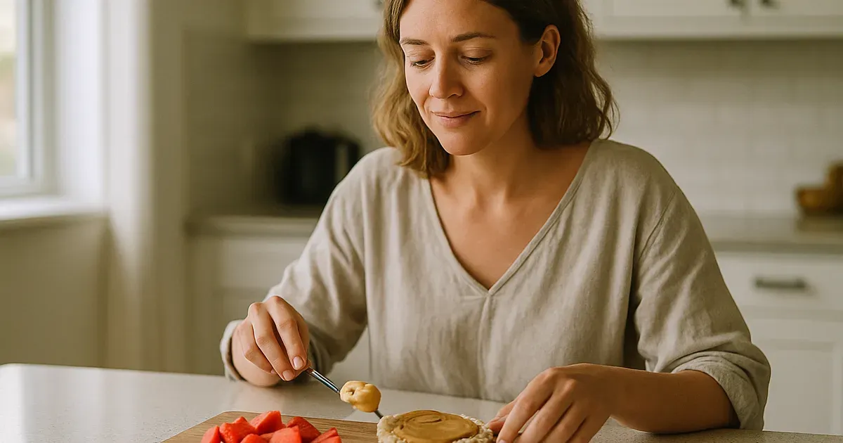 Woman preparing low FODMAP snack with strawberries and peanut butter rice cakes in bright kitchen
