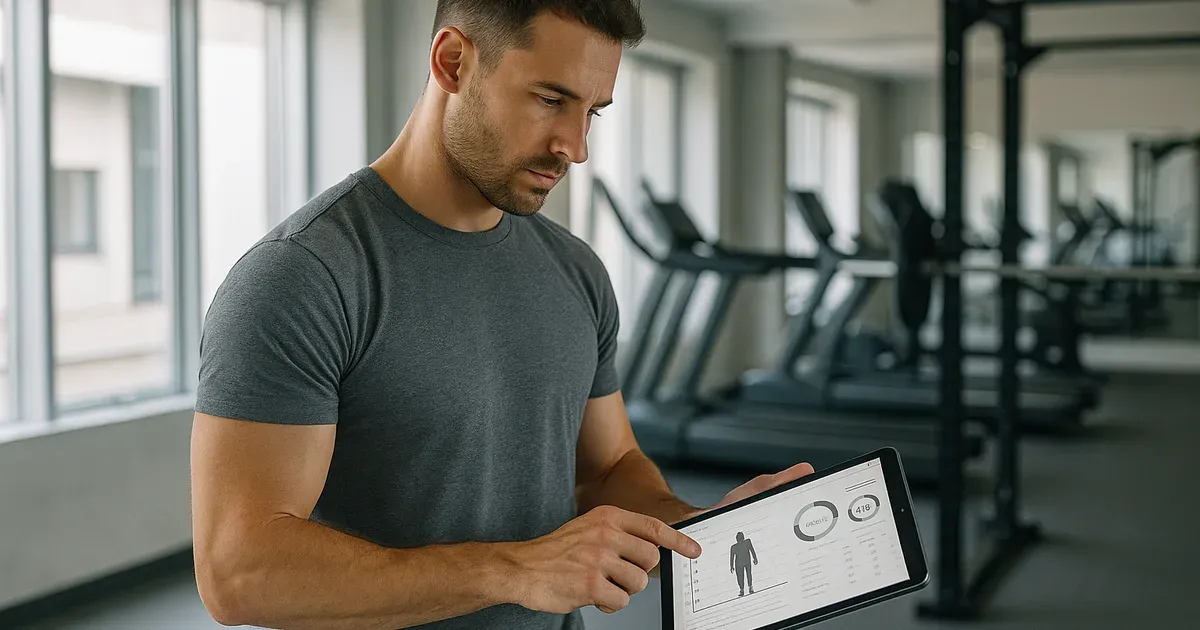 Man in his 30s reviewing body composition data on a tablet in a modern gym