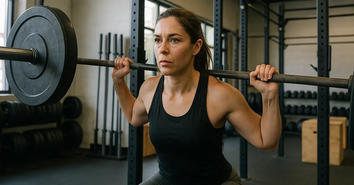 Woman in her 30s performing barbell squat — compound lifts are key for body composition in your 30s