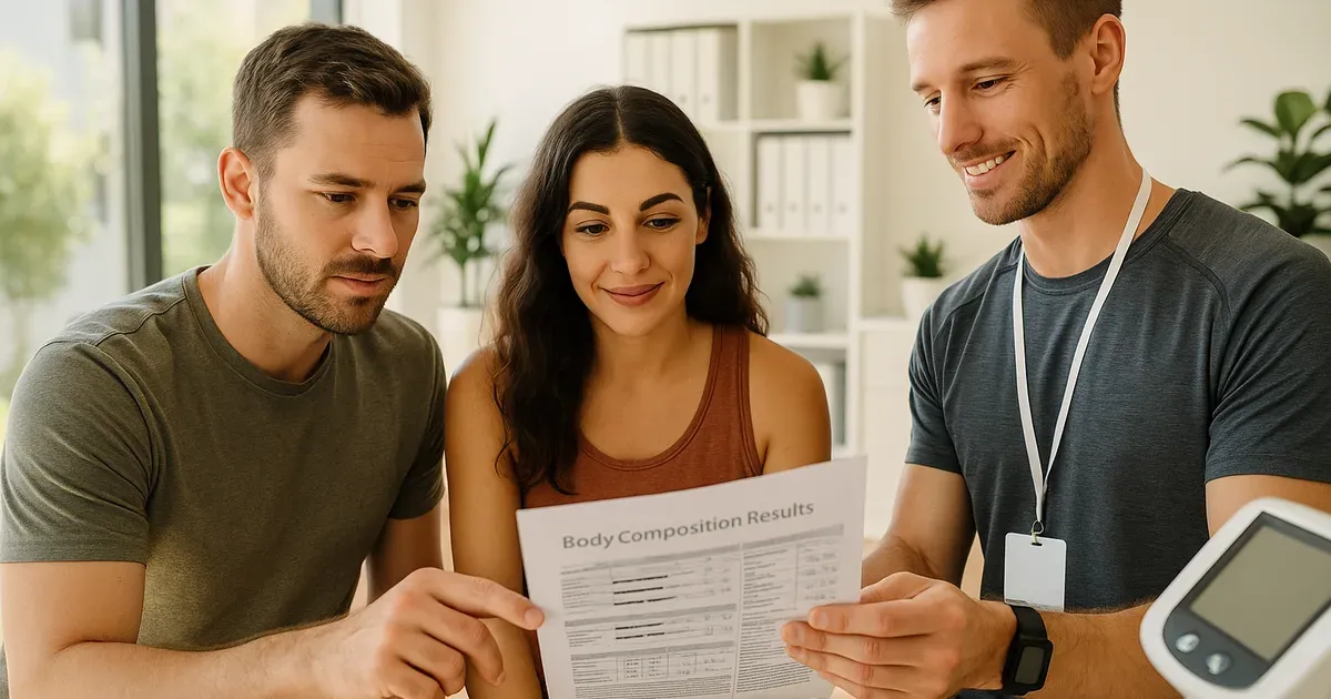 Man and woman in their 30s reviewing DEXA body composition results with a fitness trainer