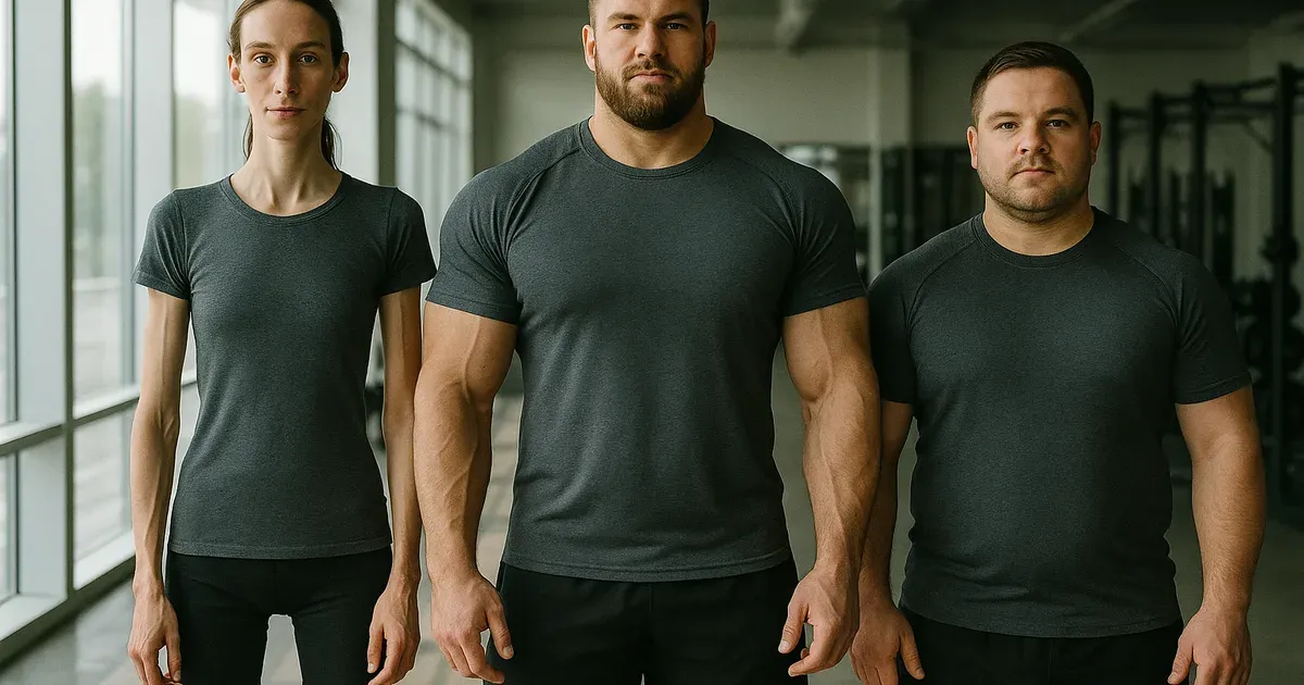 Three people representing the three main body types — ectomorph, mesomorph, and endomorph — standing in a gym