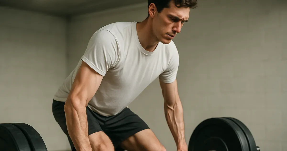 A lean ectomorph body type person lifting a barbell in a gym, illustrating hardgainer challenges