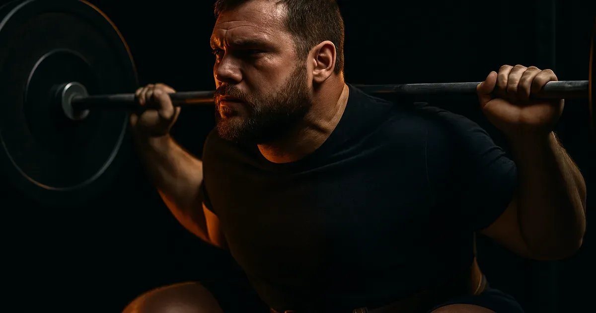 An endomorph body type athlete squatting heavy weight, showing natural strength advantages