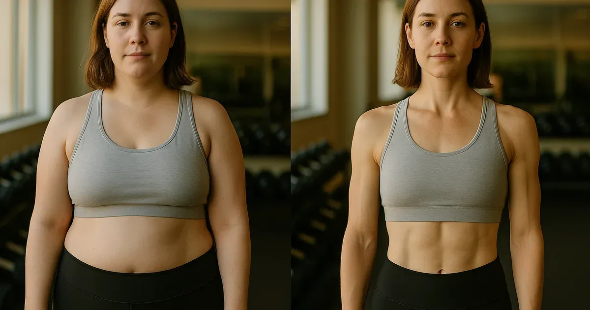 Person at different stages of a fitness journey showing how body type and physique can change with training