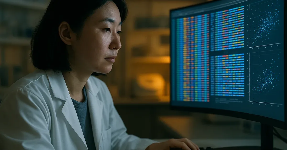 Researcher using an AI algorithm called Peptide Predictor to screen protein-coding genes for BRP peptide weight loss candidates