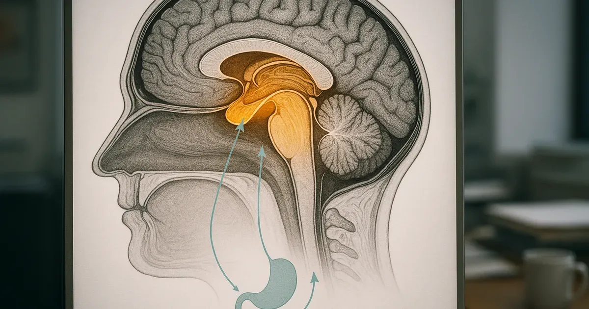 Brain illustration showing the hypothalamus highlighted as the target region for BRP peptide appetite control