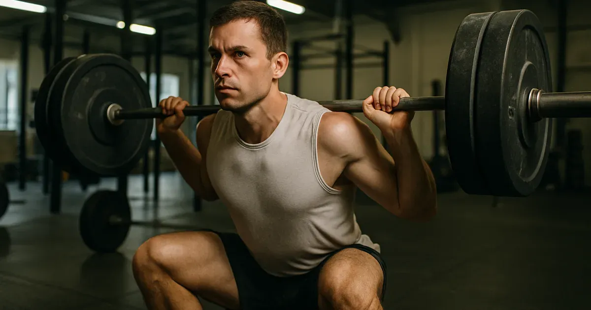 Athletic man in his 30s performing a barbell squat — building muscle after 30 with structured training