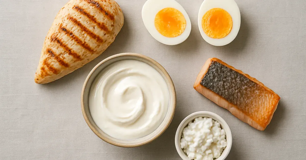 High-protein foods including chicken, eggs, salmon and Greek yoghurt to support muscle building after 30