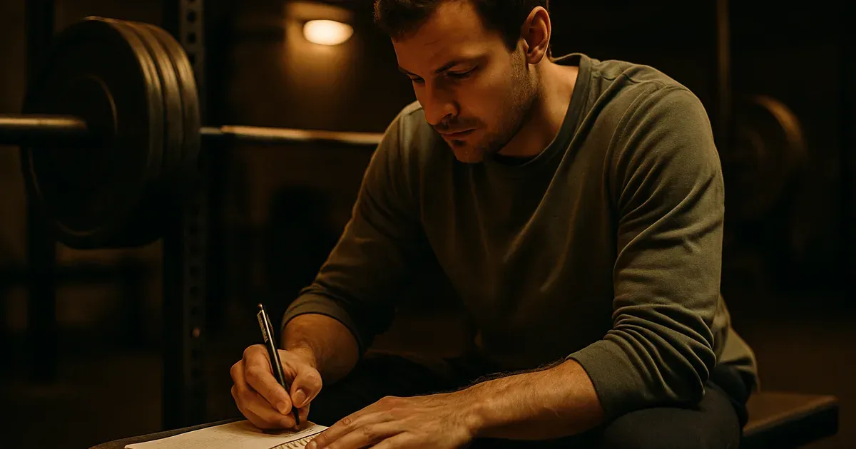 Man tracking his workouts in a training log at the gym — progressive overload for building muscle after 30