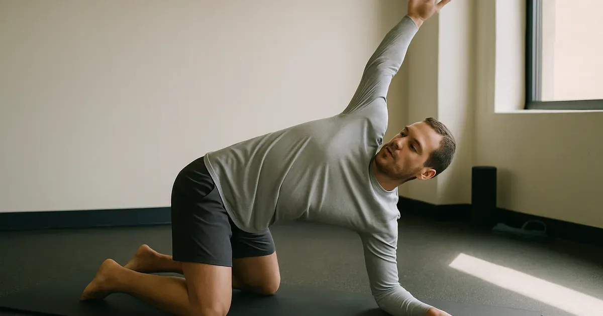Man performing mobility and stretching drills in a gym to prevent injury and support muscle building after 30