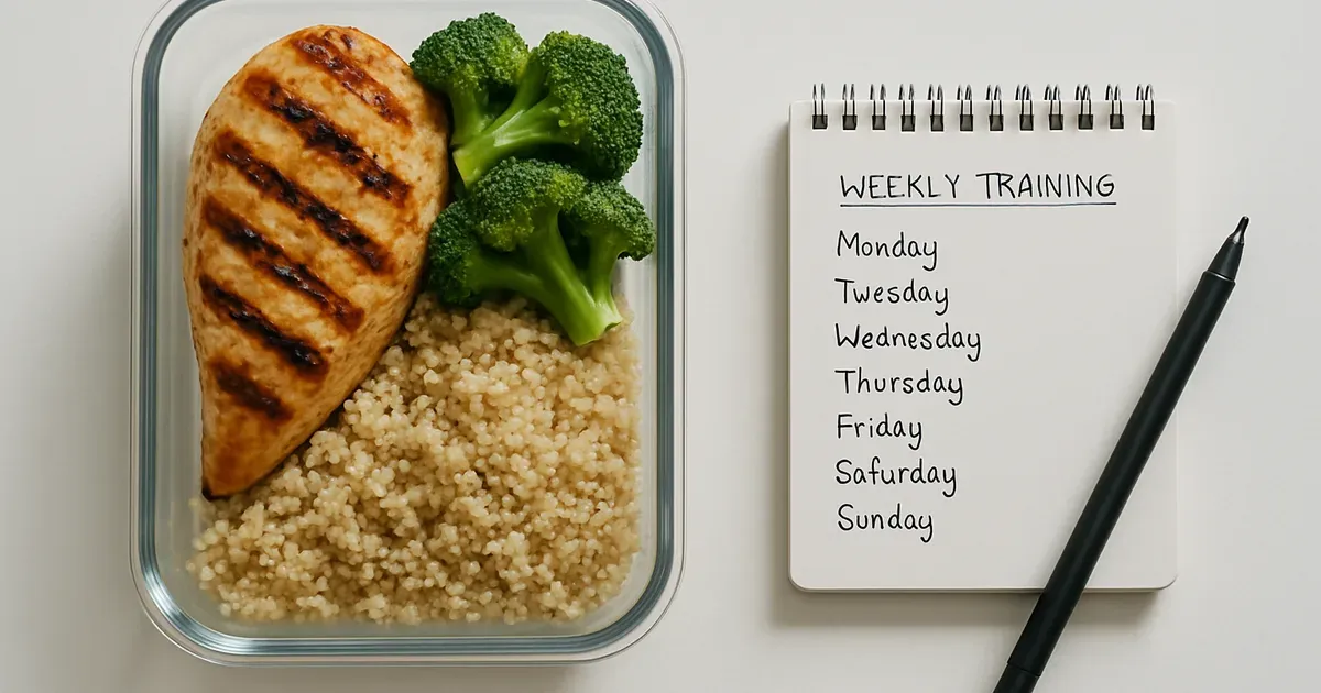 High-protein meal prep and training schedule notebook for building muscle after 30