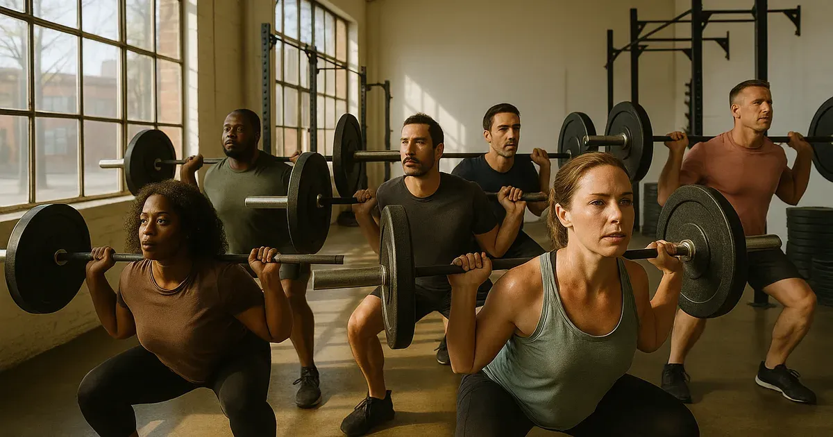 Adults in their 30s and 40s performing weighted squats in a gym, representing strength training over 30