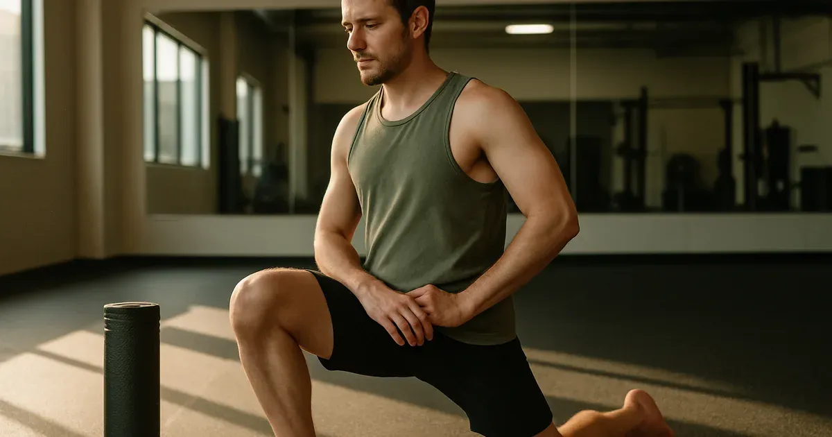 Older male lifter performing a structured warm-up routine to prevent injury during strength training after 35