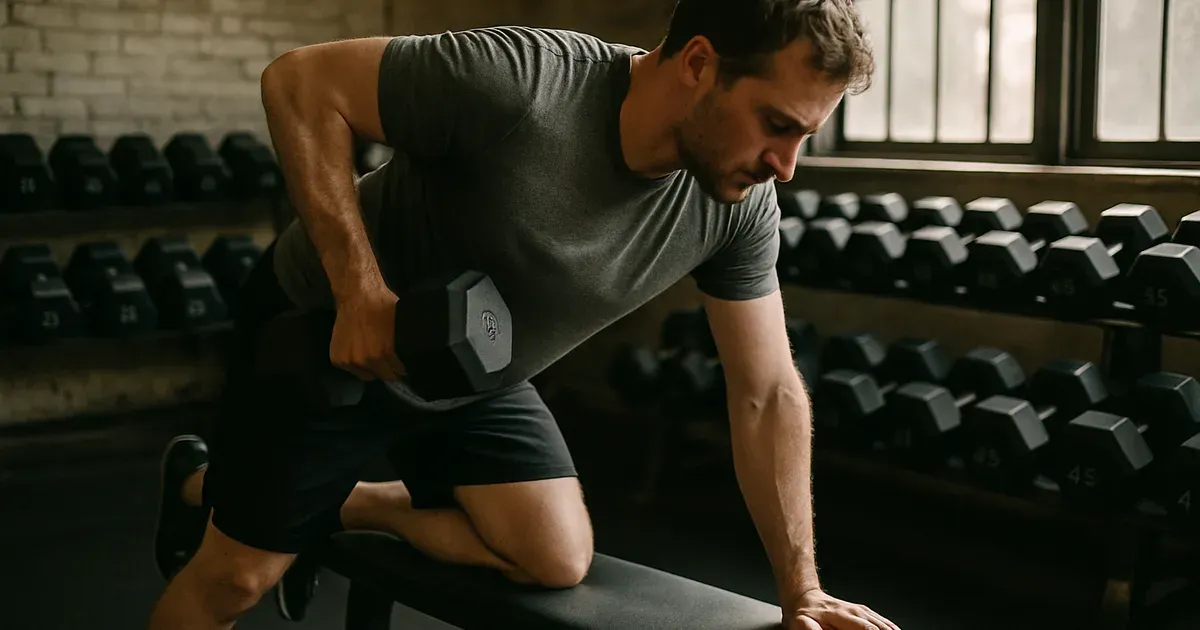 Man over 35 performing a dumbbell row — consistent compound training for muscle gain in the 30s