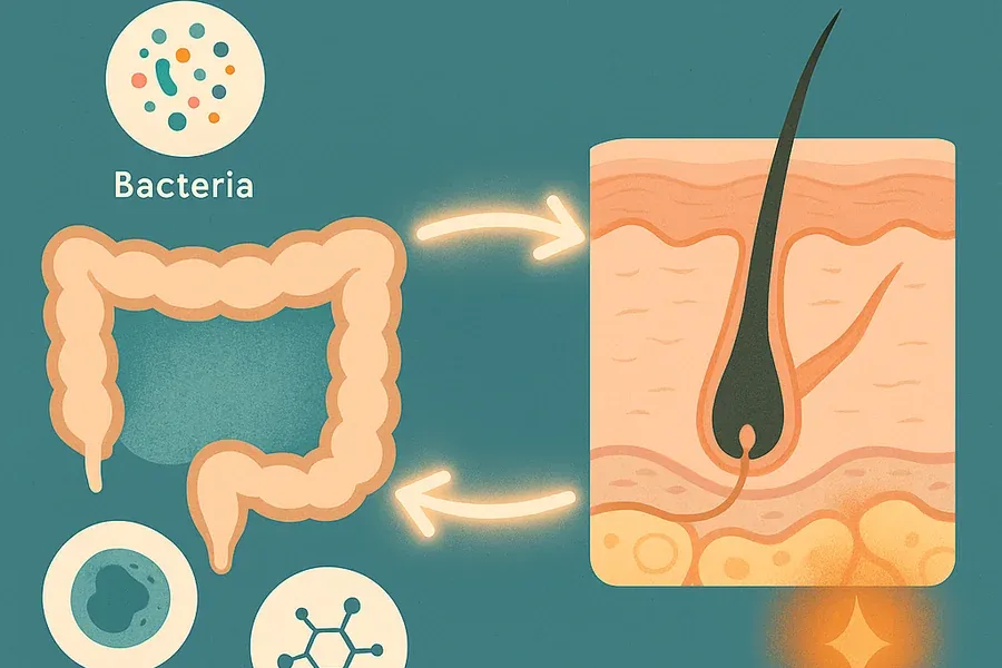 Infographic showing the gut-skin axis — how gut bacteria, immune signalling and hormones connect gut health to skin health