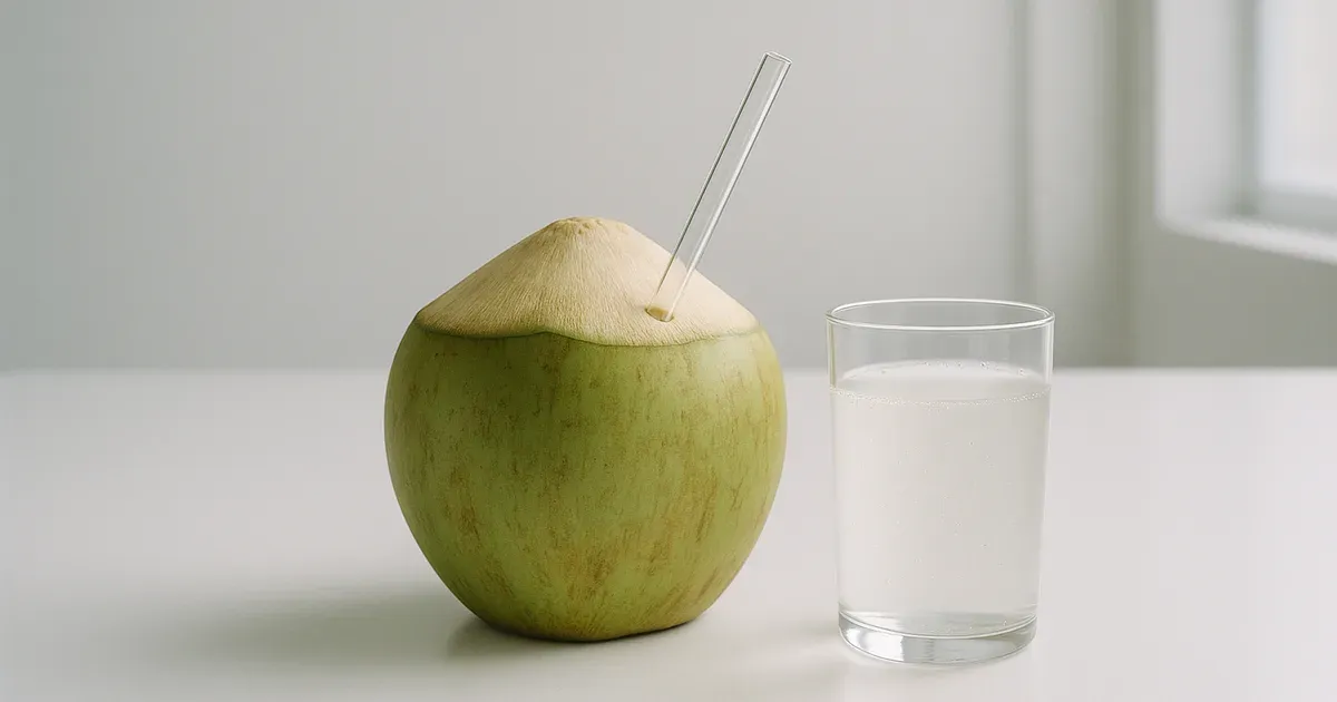 Fresh coconut water in a glass beside a green coconut, representing coconut water IBD inflammation research