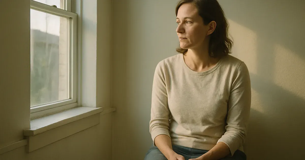 Midlife woman in morning light reflecting on cortisol levels during menopausal transition