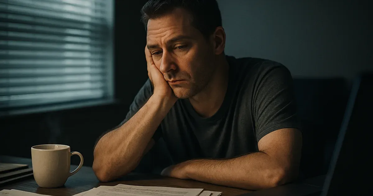 Tired man in his 40s at desk illustrating signs of cortisol dysregulation in men