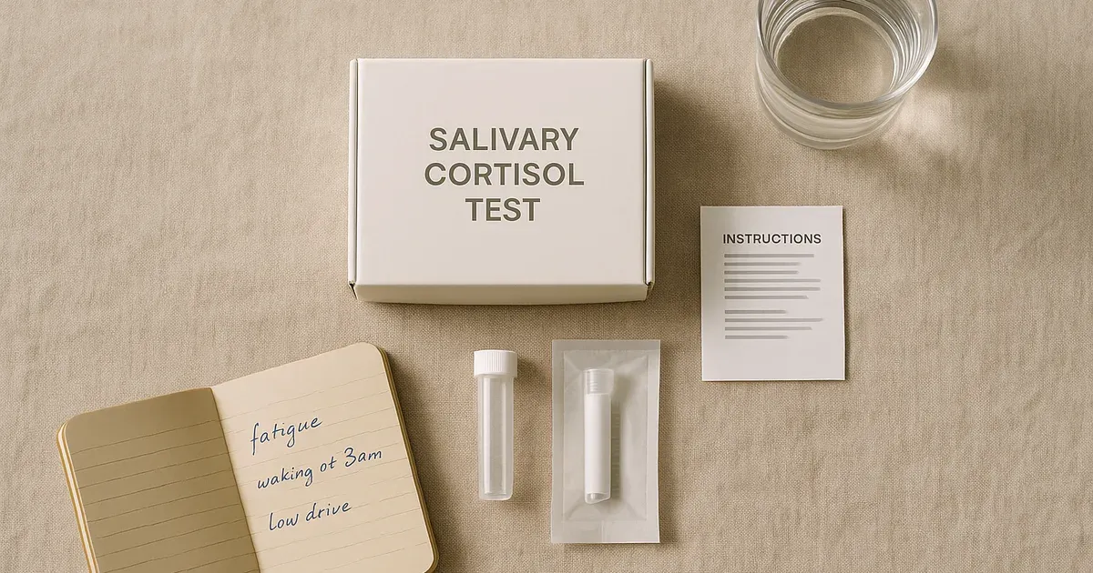 Salivary cortisol test kit representing functional lab testing for cortisol in men