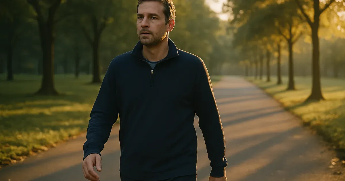 Man walking in morning sunlight as a cortisol-balancing exercise strategy for men over 40