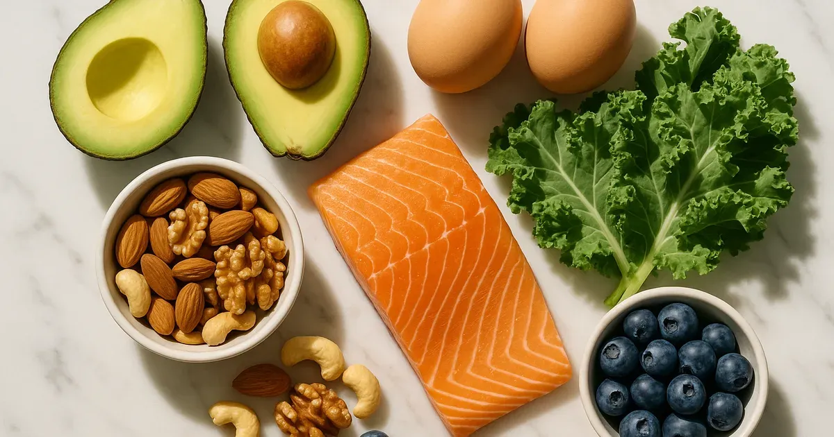 Blood sugar stabilising foods including avocado, eggs, nuts and salmon to support cortisol balance in women over 40