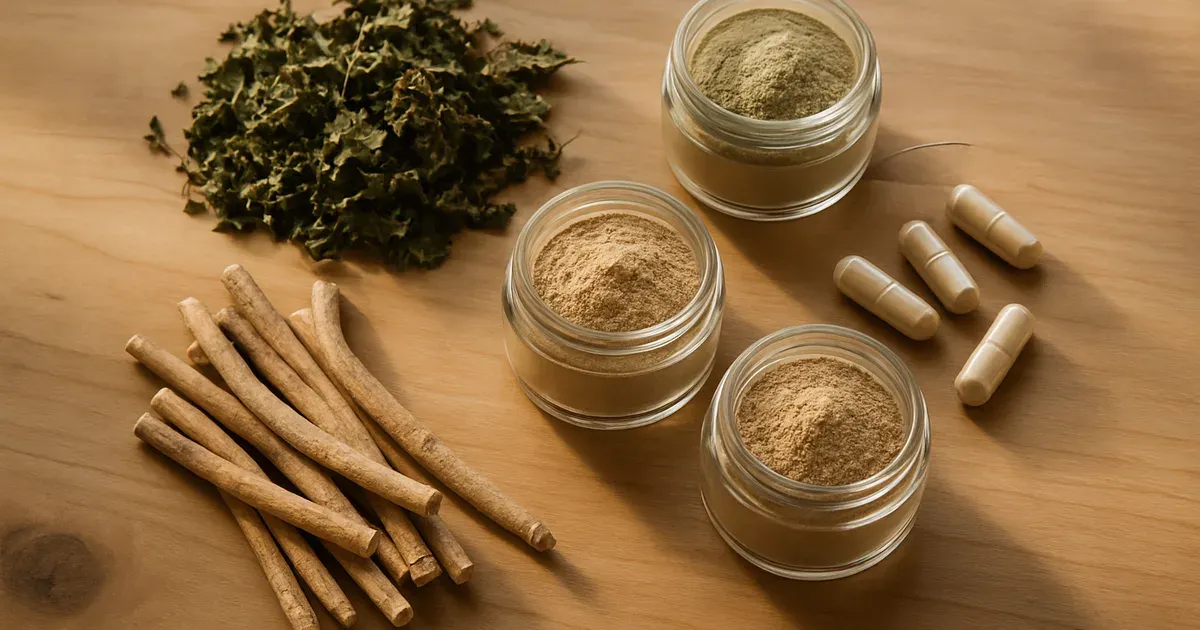 Adaptogenic herbs including ashwagandha and holy basil arranged on wood surface for cortisol support in women over 40