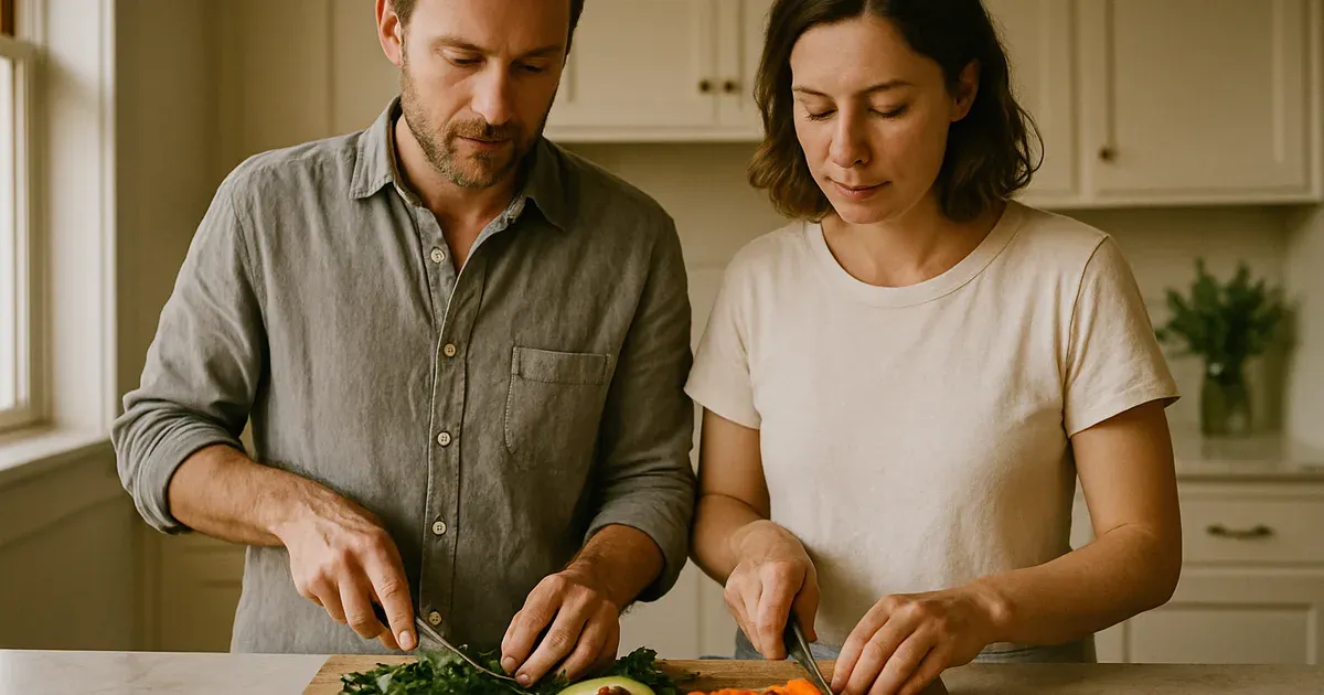 Couple cooking together at home, representing couples sharing gut bacteria through shared diet and lifestyle