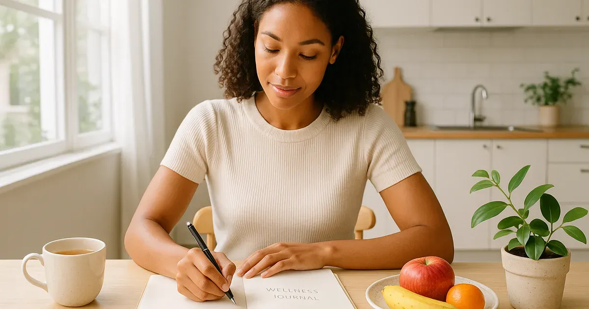Woman journaling her menstrual cycle phases for cycle syncing at a bright kitchen table