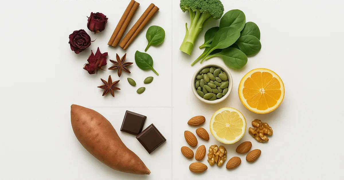 Four cycle syncing nutrition food groups arranged by menstrual phase on a white surface