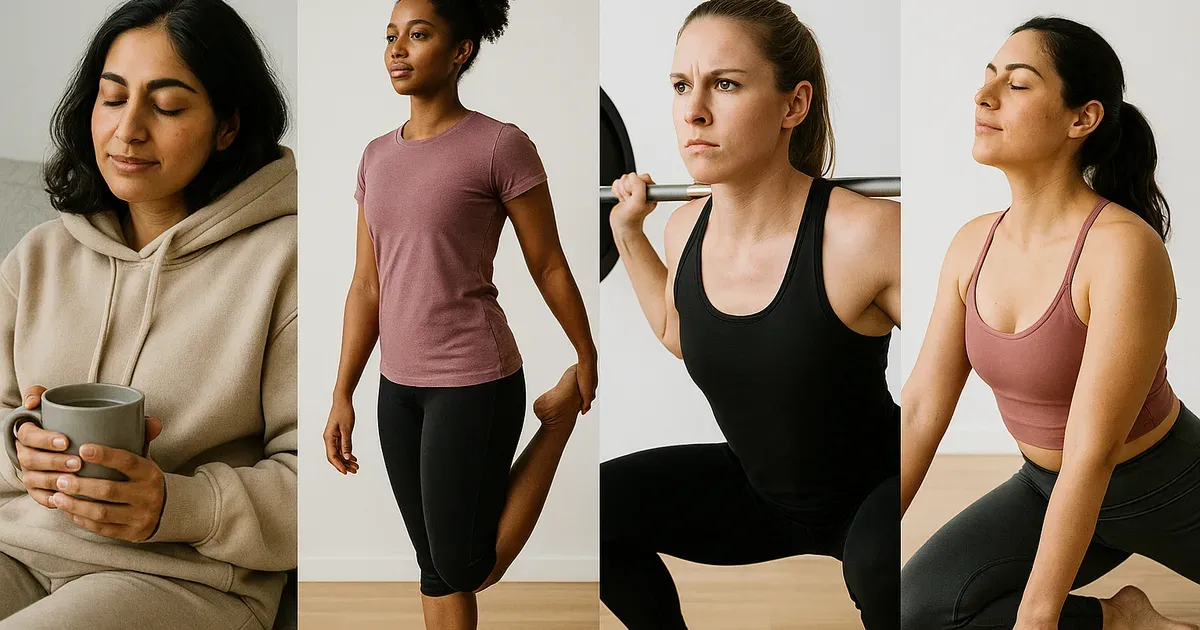 Four women representing the four menstrual cycle phases in cycle syncing workouts from rest to peak intensity