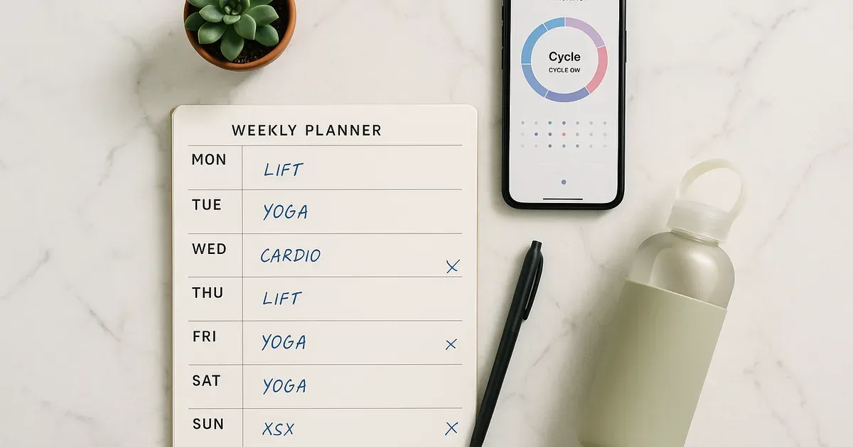 Cycle tracking journal and fitness app on marble surface representing tools to start cycle syncing workouts